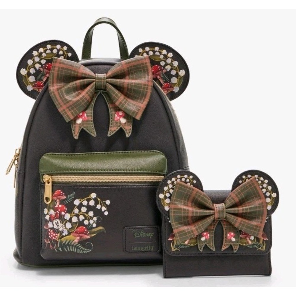 LOUNGEFLY DISNEY MINNIE MOUSE Mushroom Ears Plaid Backpack & WALLET Fall Autumn